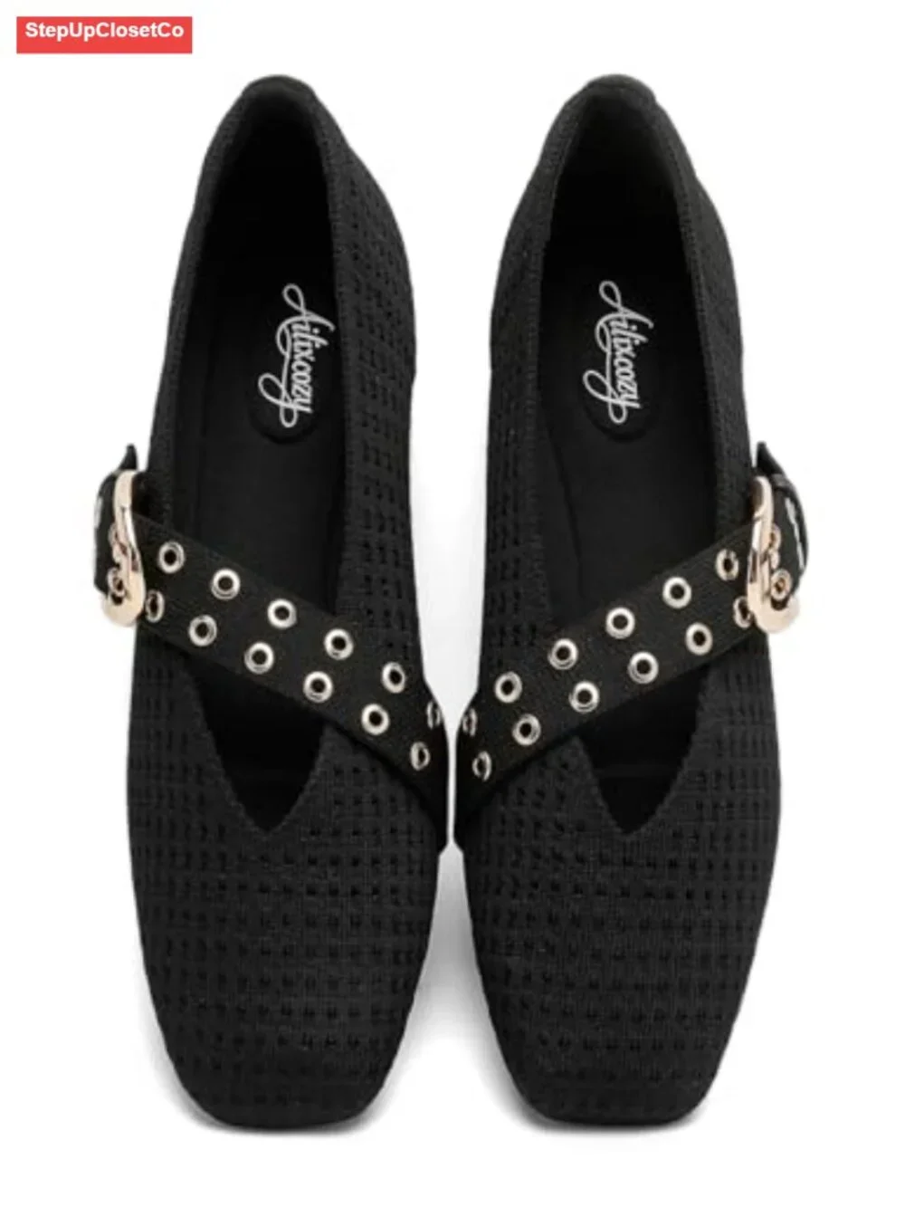 Women's Square Toe Mary Jane Flats with Max Buckle, Breathable Mesh, Arch